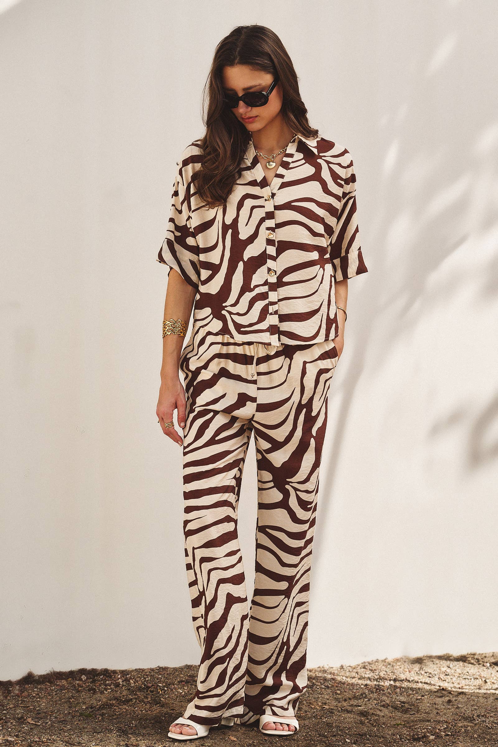 Urban Daizy Zebra Print Relaxed Resort Wear Set Brown Lounge Set - Women's (TNST0278-Brown)