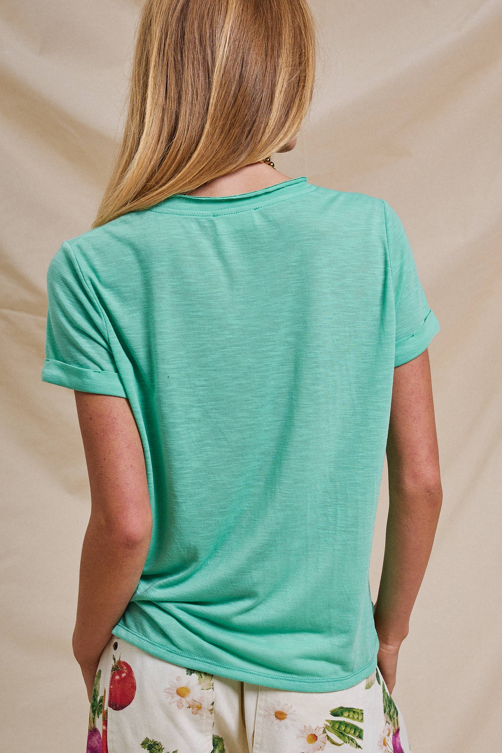 Rolled Sleeve V-Neck Pocket Tee