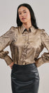 Metallic Shimmer Button Down Blouse with Puff Sleeves in GOLD - Women's Shirts & Blouses | Urban Daizy