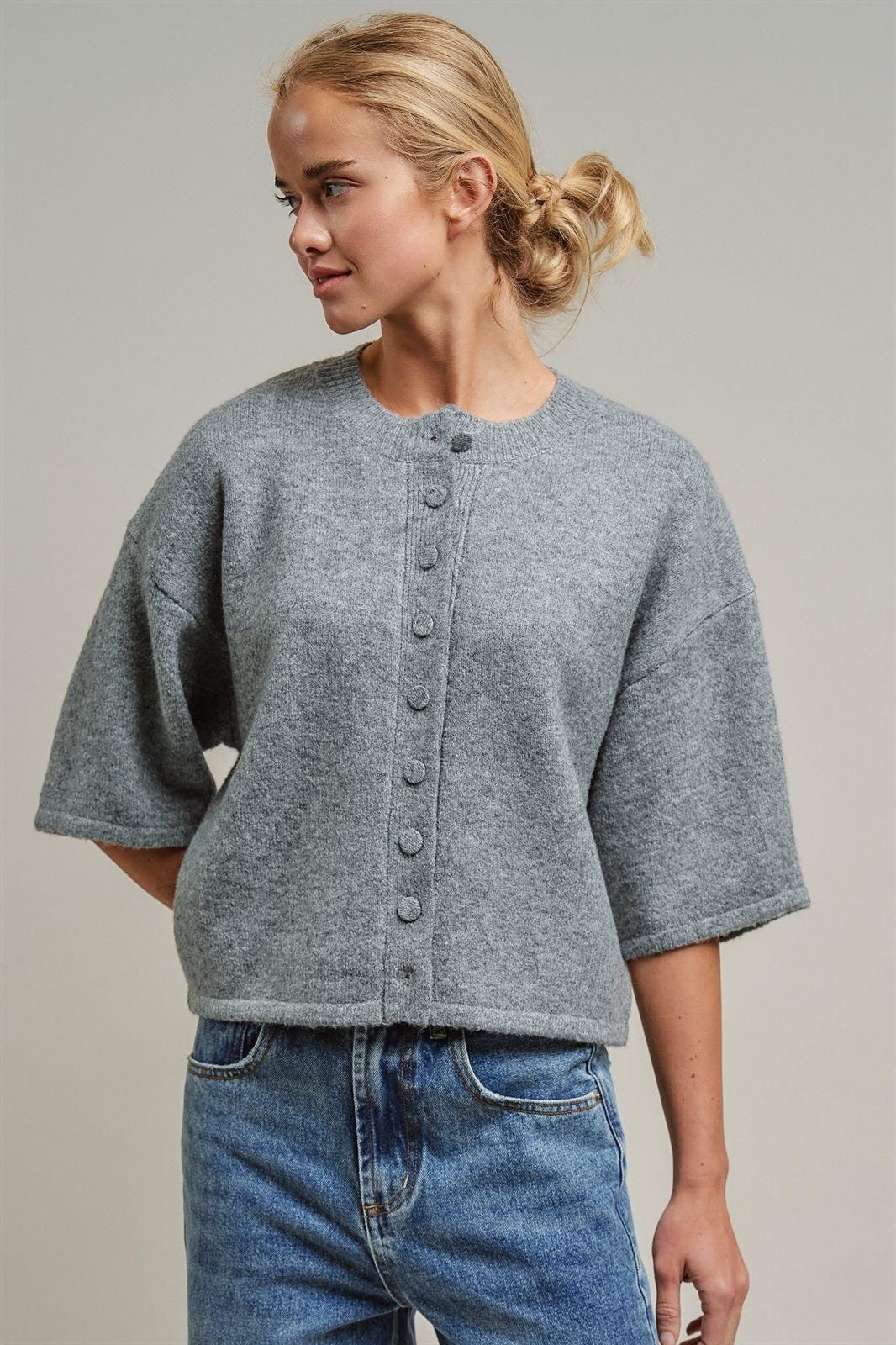 Cropped Knit Button-Front Cardigan Dropped Shoulder