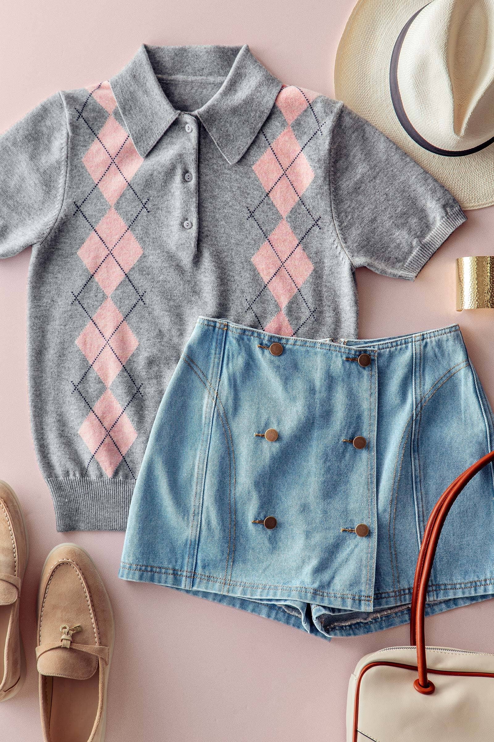 Preppy Argyle Short Sleeve Sweater