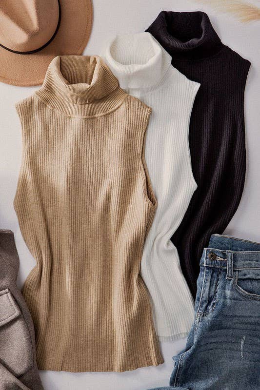 Urban Daizy Sleeveless Ribbed Knit Turtleneck Top Camel Knit Top - Women's (UDZ-TP-00703) – alternate view 2