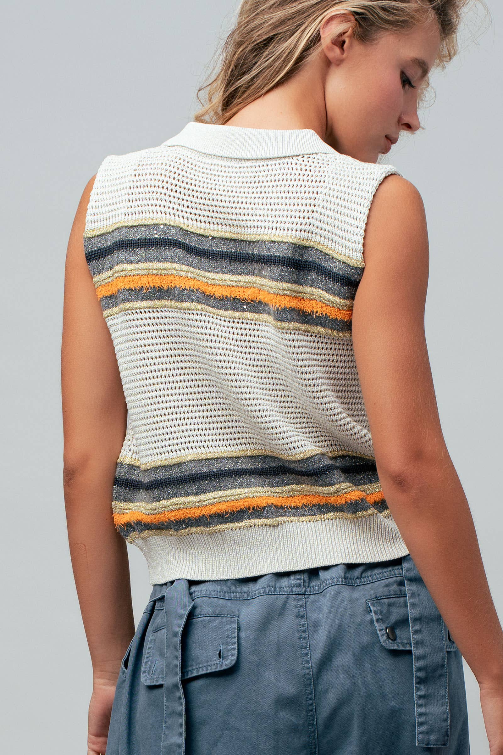 Textured Stripe Collared Open-Knit Vest