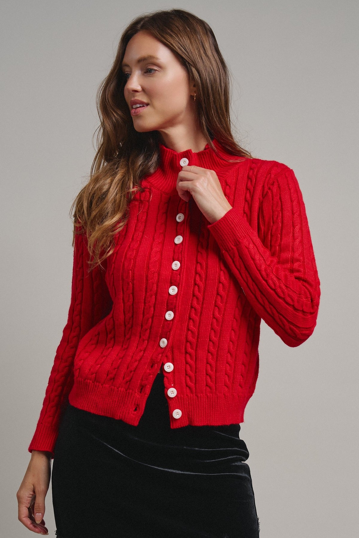 Cable Knit Mock Neck Button-Front Cardigan in RED - Women's Sweaters | Urban Daizy