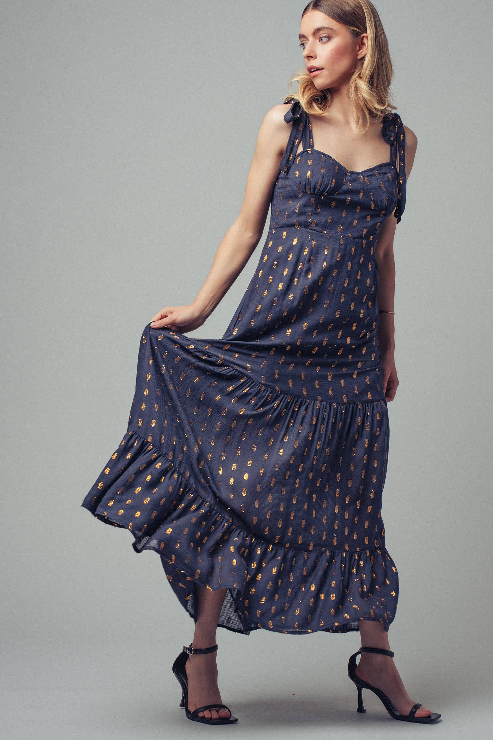 Urban Daizy Metallic Tie-Shoulder Smocked Maxi Dress Navy-Gold Dress - Women's (UDZ-KN-00657) – alternate view 8