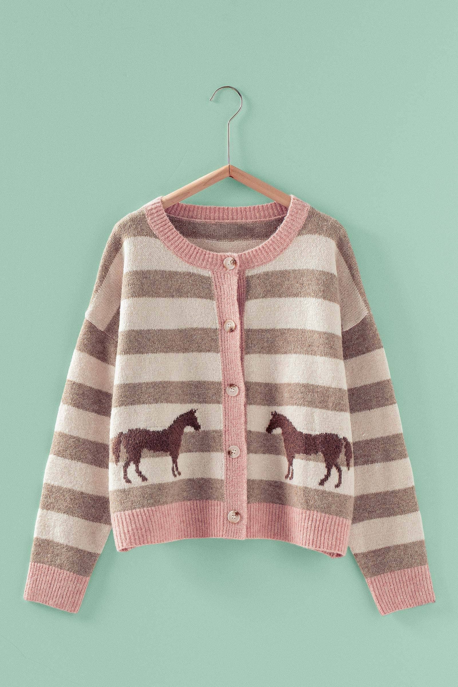 Urban Daizy Horse Jacquard Striped Crew Neck Cardigan Pink Cardigan - Women's (UDZ-OT-00168)