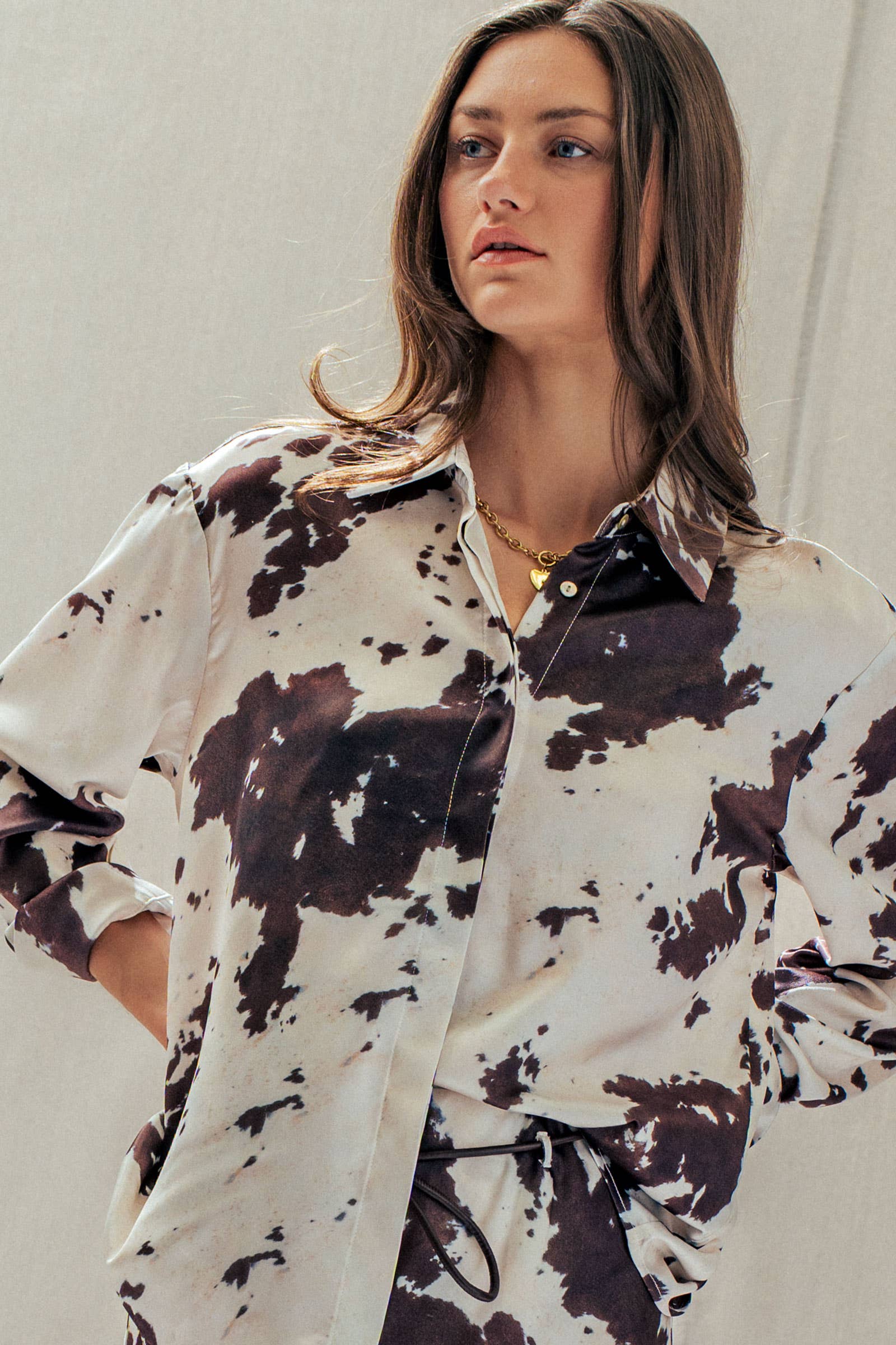 Urban Daizy Cowhide Print Western Button Down Shirt Animal-Print Button Down Shirt - Women's (UDTP1224) – alternate view 5