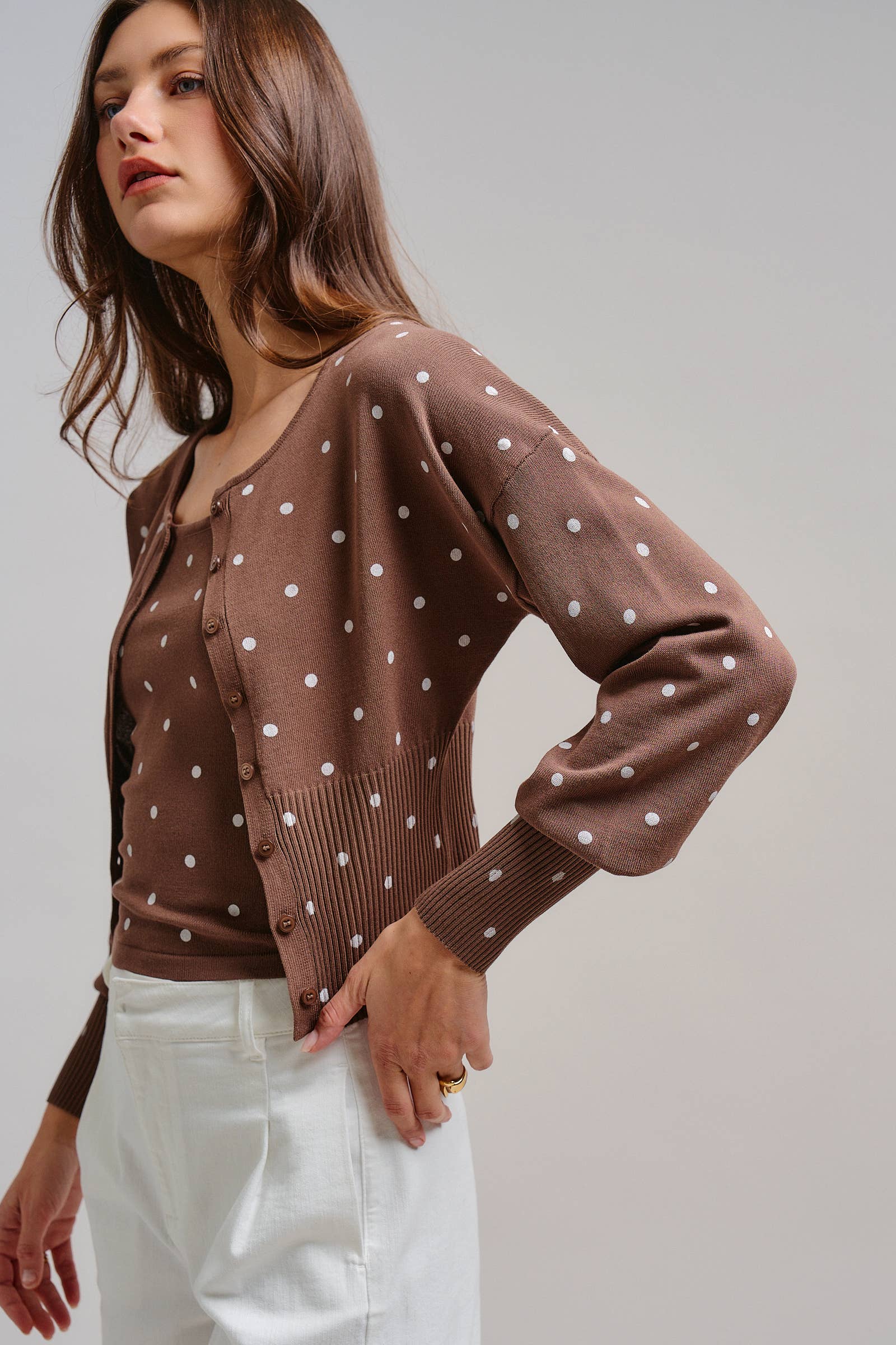 Urban Daizy Polka Dot Button-Front Cardigan MOCHA Cardigan - Women's (TNOW1380-MOCHA) – alternate view