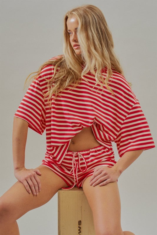 Oversized Striped Contrast Neck Boxy Tee