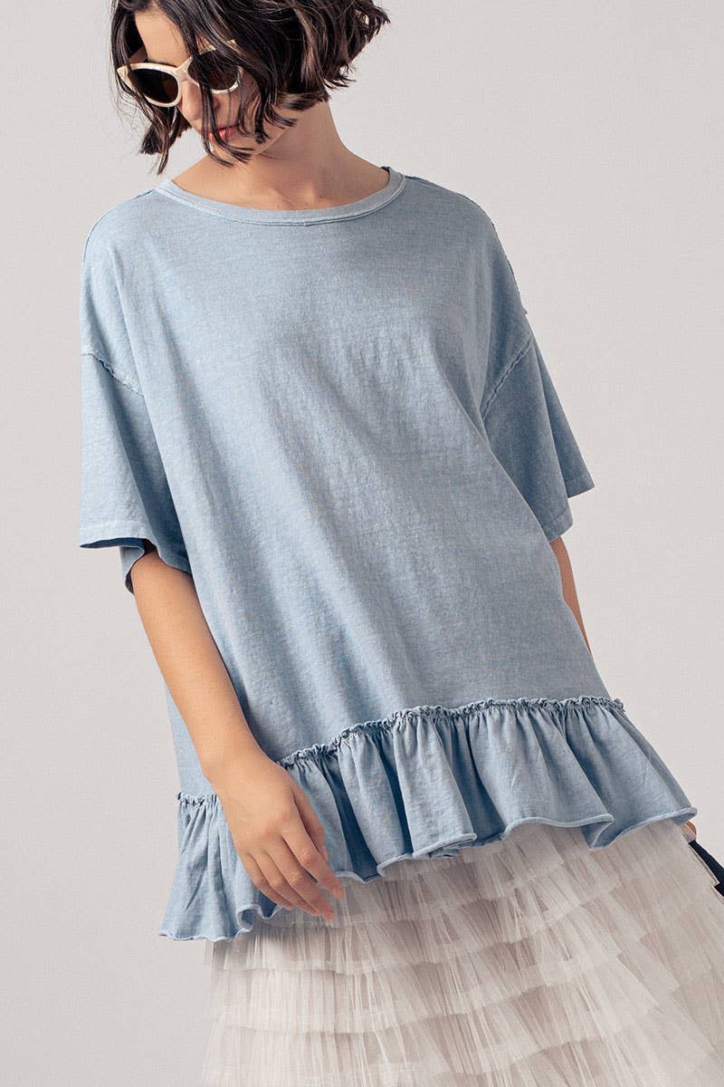 Casual Drop Shoulder Ruffle Hem Exposed Stitch Crew Neck Top