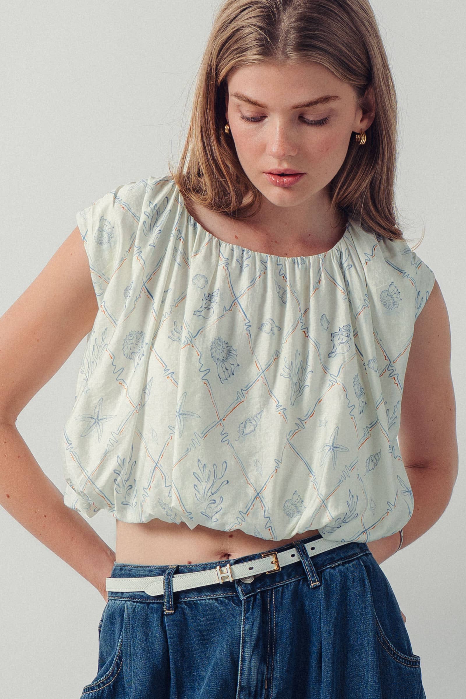 Coastal Print Sleeveless Bubble Hem Top