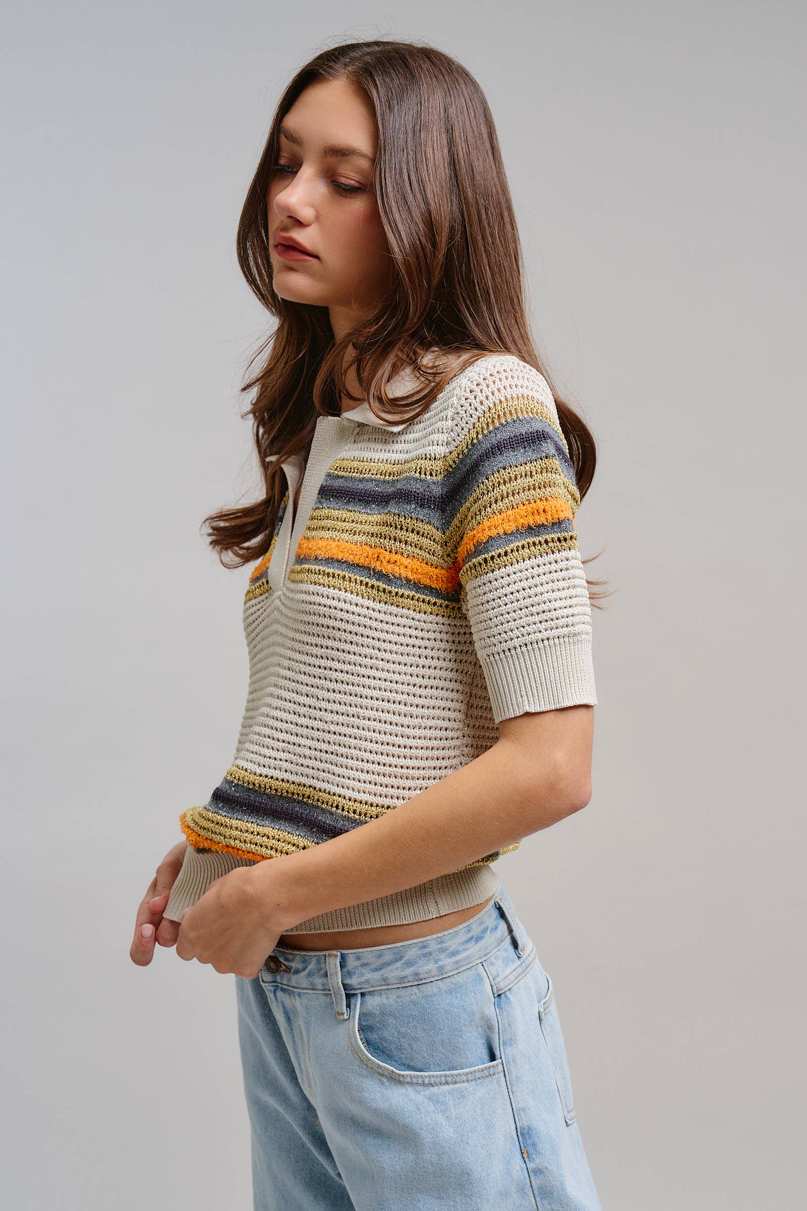 Retro Striped Open Knit V-Neck Polo