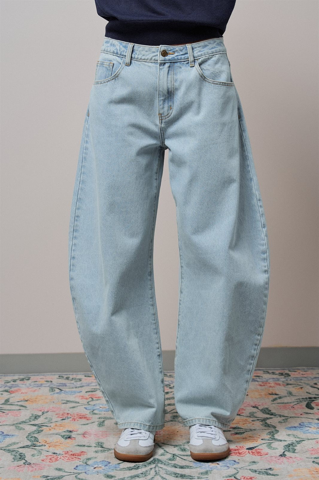 Light Wash Curved Barrel Leg Wide Jeans in LT BLUE - Women's Casual Pants | Urban Daizy