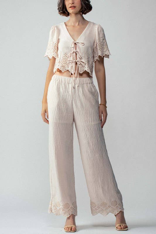 Urban Daizy Embroidered Eyelet Flutter Sleeve Top and Wide Leg Pants Natural Top & Pant Set (NOT Loungewear) - Women's (UDZ-PT-00354) – alternate view 2