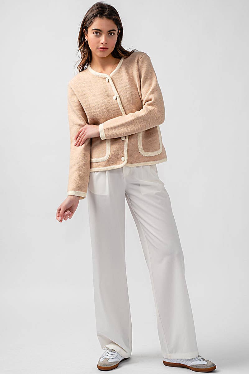 Urban Daizy Classic Contrast Trim Patch Pocket Cardigan Ivory Cardigan - Women's (UDZ-KN-00363) – alternate view 12