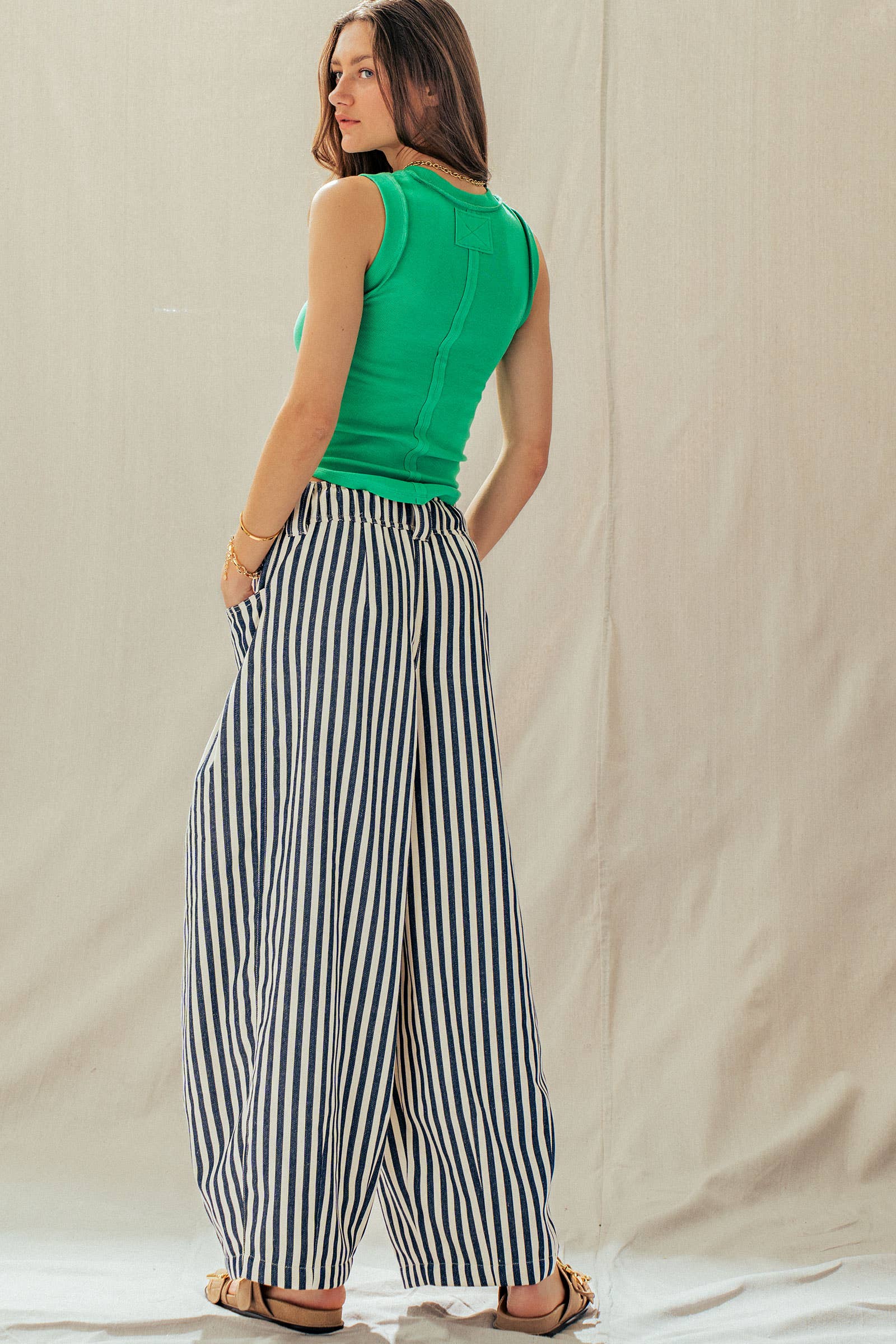 Urban Daizy Rope Drawstring Balloon Pants Pleated Front Brown-Stripe Pants - Women's (UDZ-PT-00481) – alternate view 36