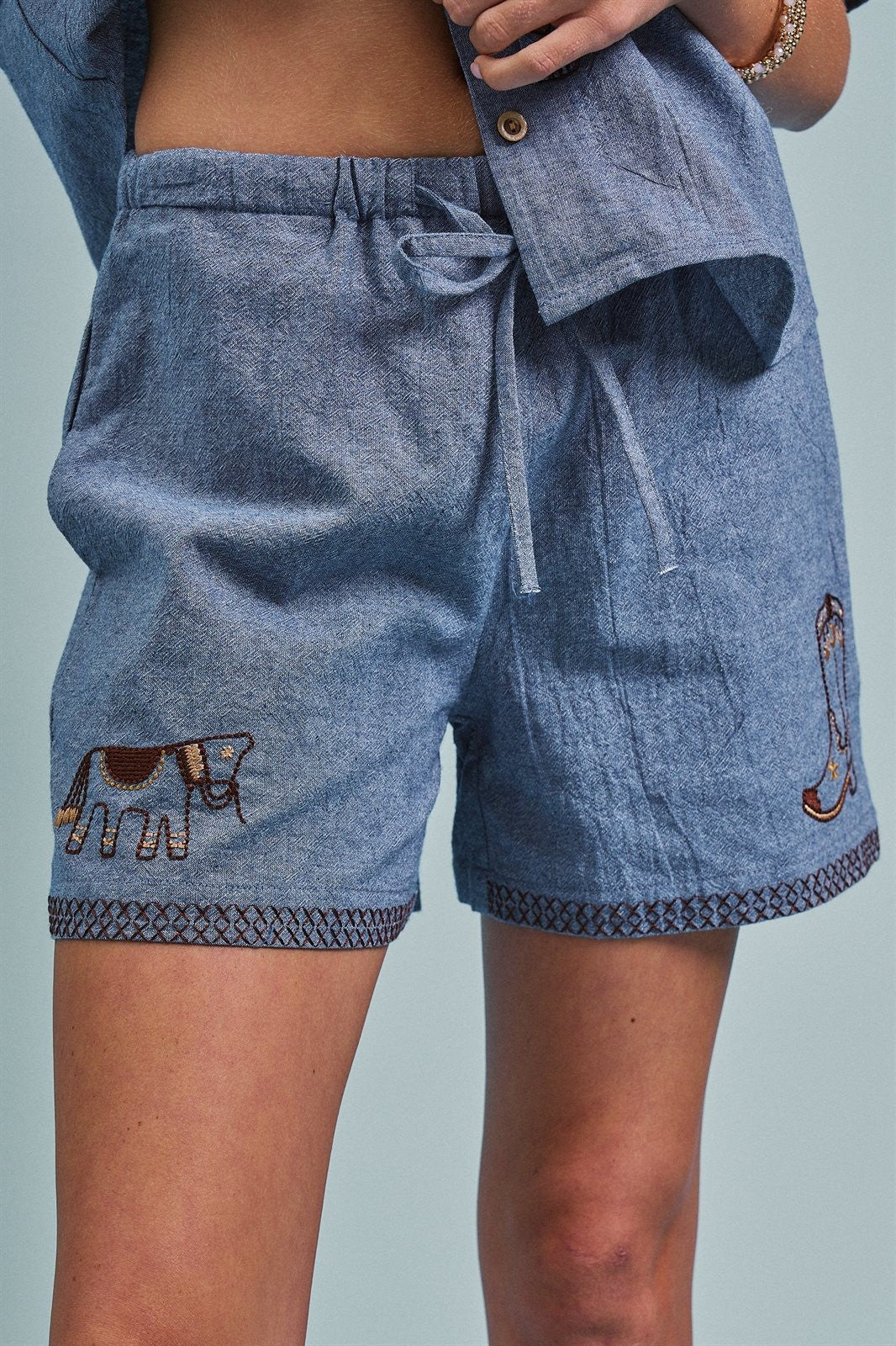 Sweet Cowgirl Boot Stitch Embroidered Shorts in BLUE - Women's Casual Shorts | Urban Daizy