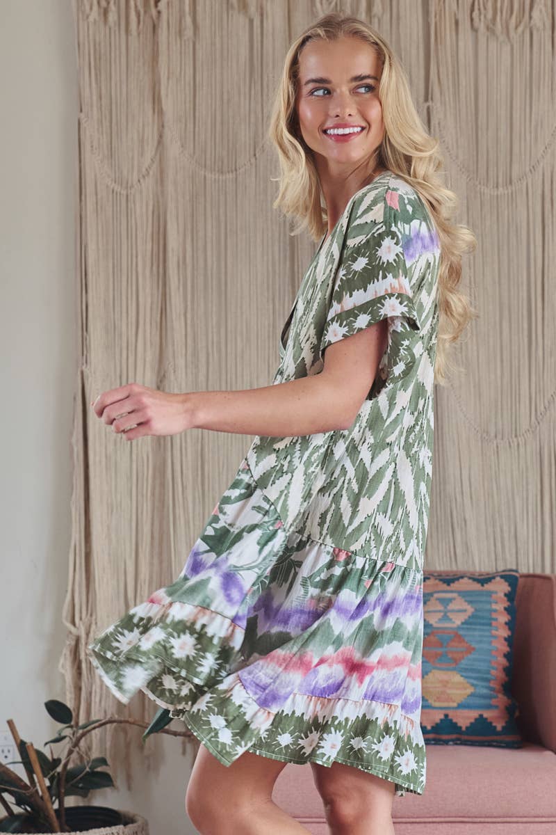 Urban Daizy Boho Mixed Print V-Neck Mini Dress Green-Multi Dress - Women's (UDZ-DR-00479) – alternate view 4