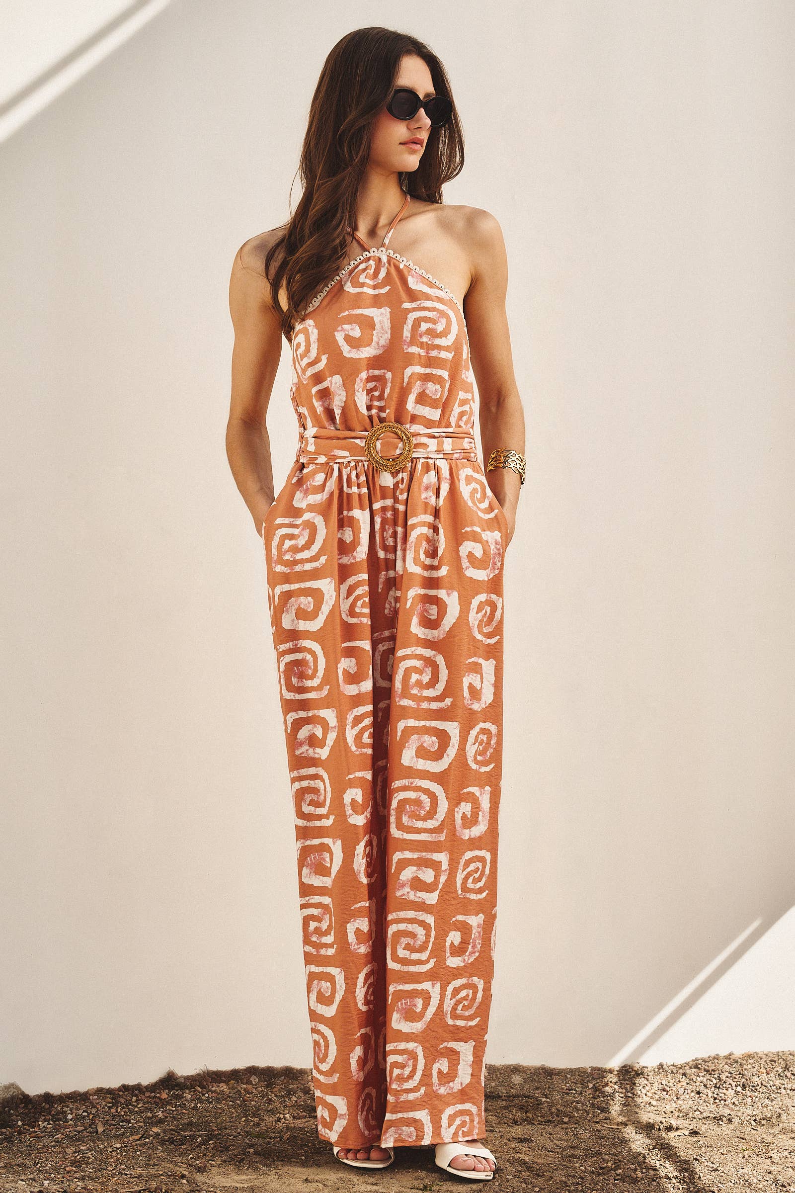 Urban Daizy Geometric Print Halter Belted Wide Leg Jumpsuit Blush Jumpsuit - Women's (TNJU0181-Blush) – alternate view 7