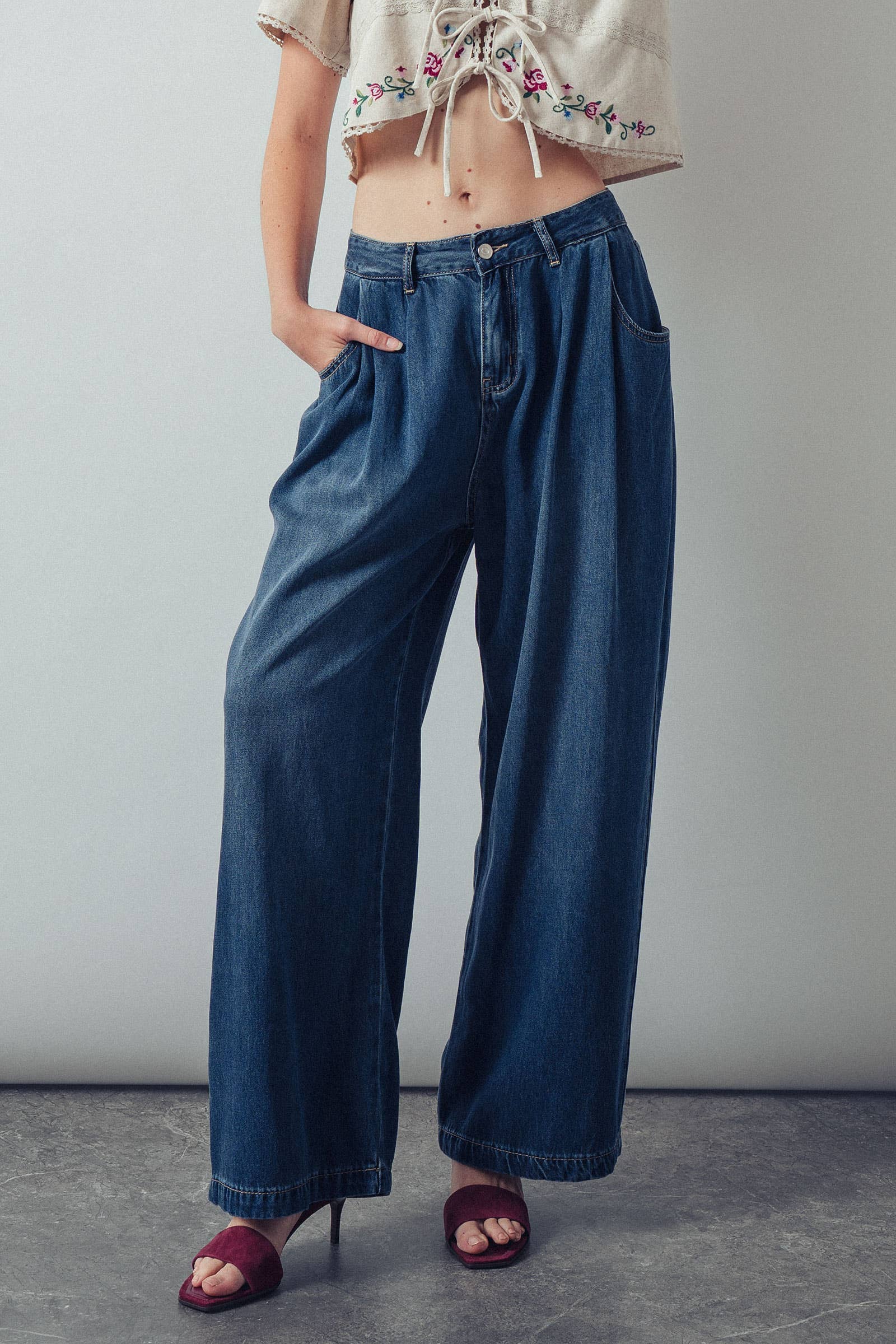 Pleated Wide-Leg Denim Pants