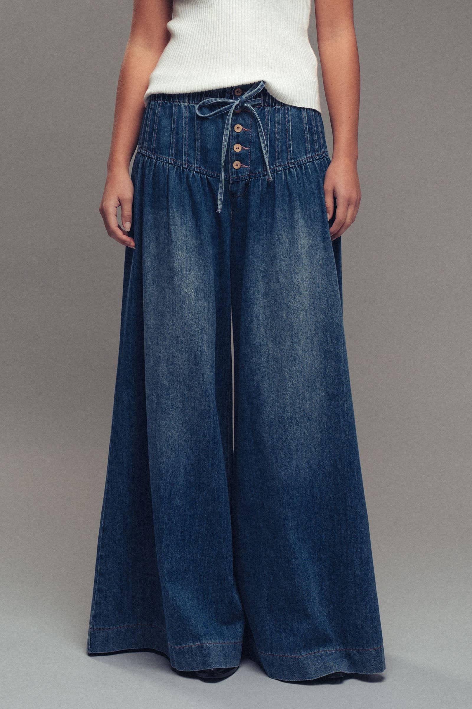 Urban Daizy Pleated Wide-Leg Button Closure Pants Dark-Denim Jeans - Women's (UDZ-PT-00310)