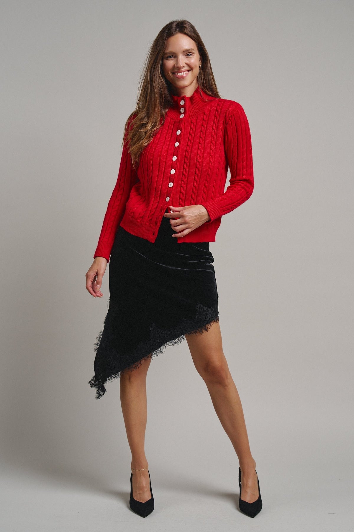 Cable Knit Mock Neck Button-Front Cardigan in RED - Women's Sweaters | Urban Daizy
