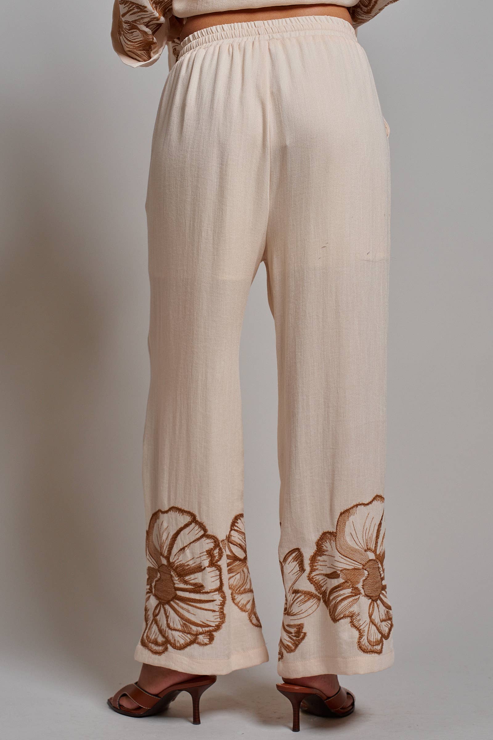 Floral Embroidered Wide Leg Drawstring Pants