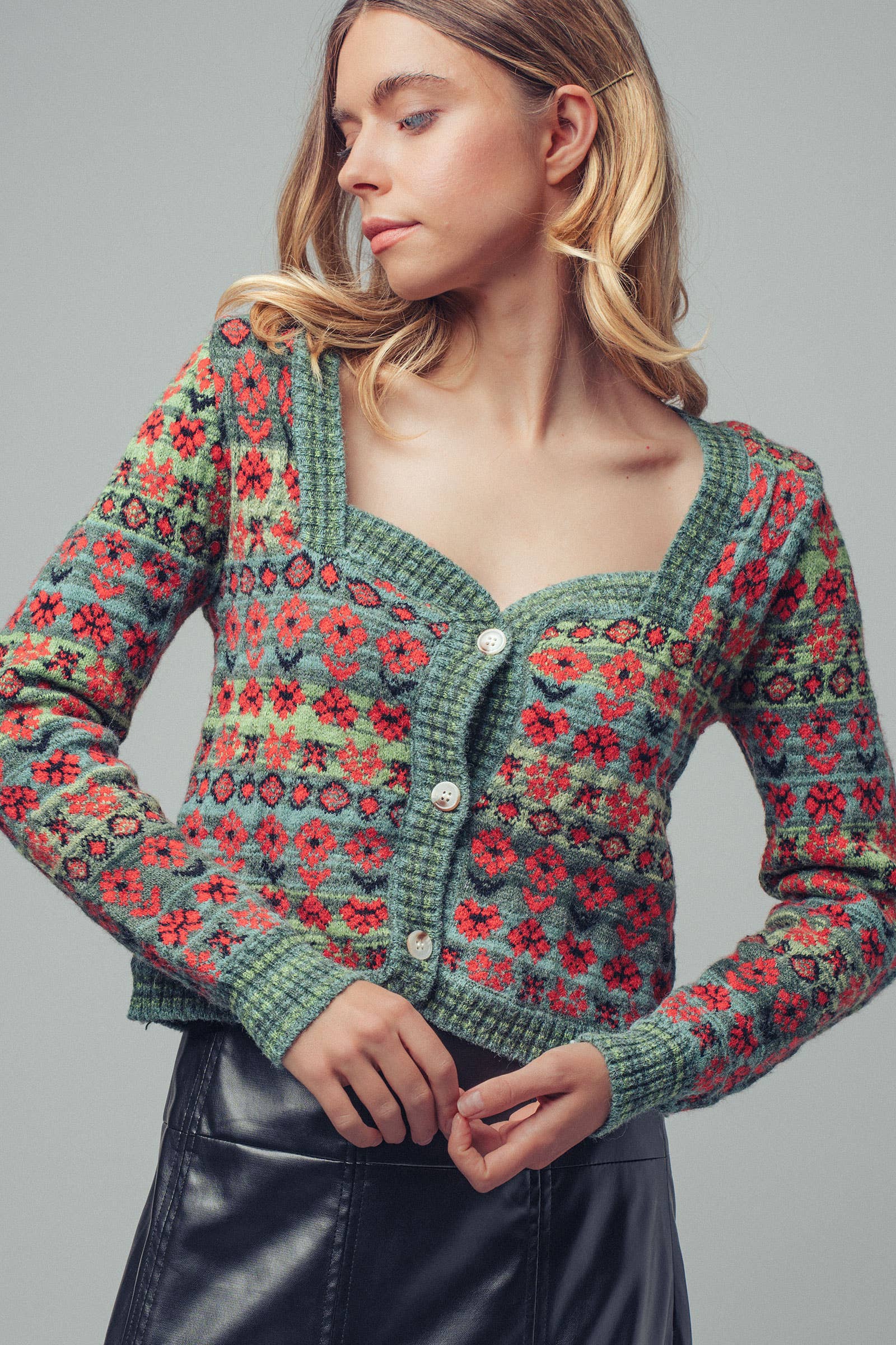Urban Daizy Vintage Floral Jacquard Knit Cardigan Green-Multi Cardigan - Women's (UDZ-KN-00657) – alternate view 2