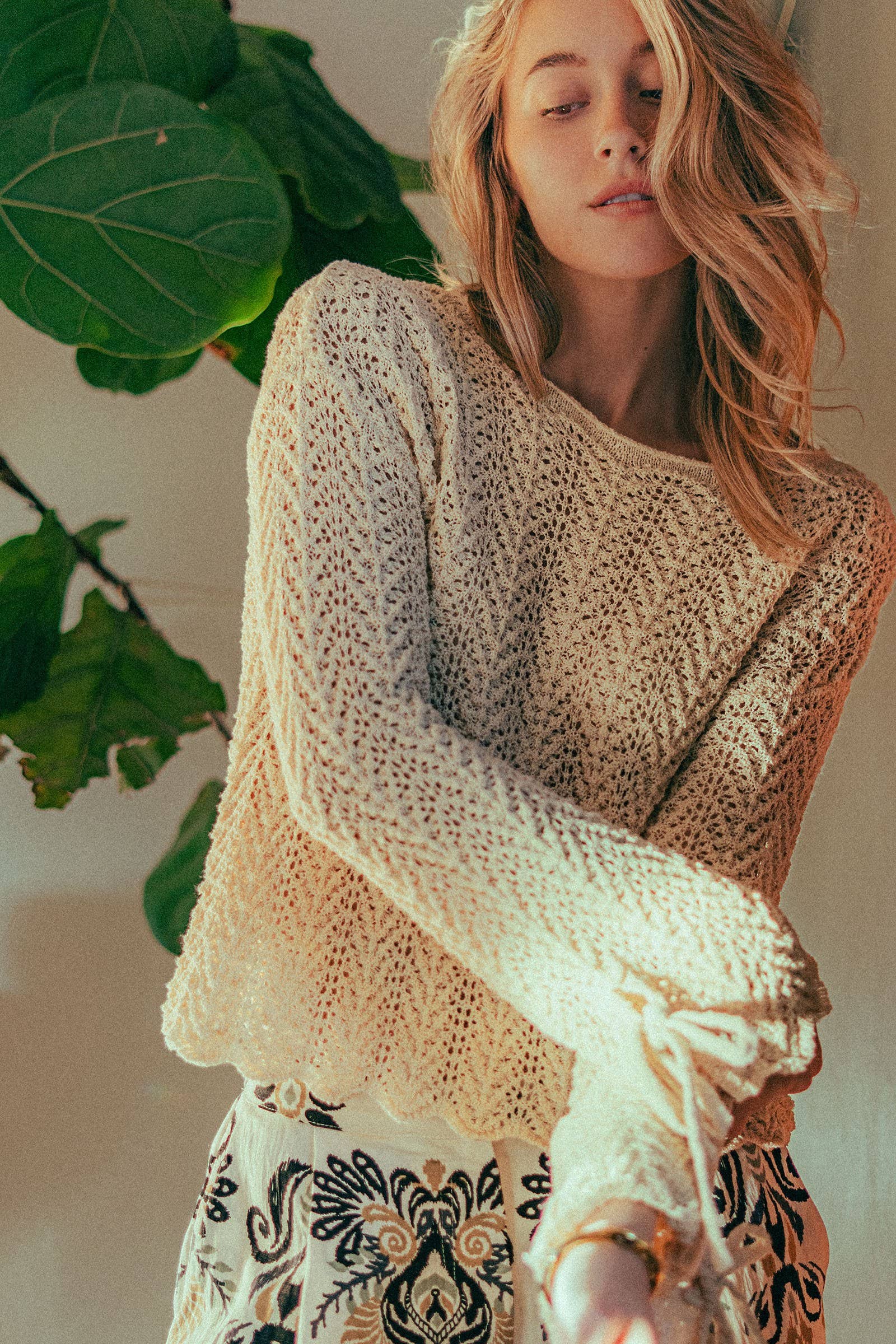 Chevron Pointelle Open-Knit Bell Sleeve Sweater