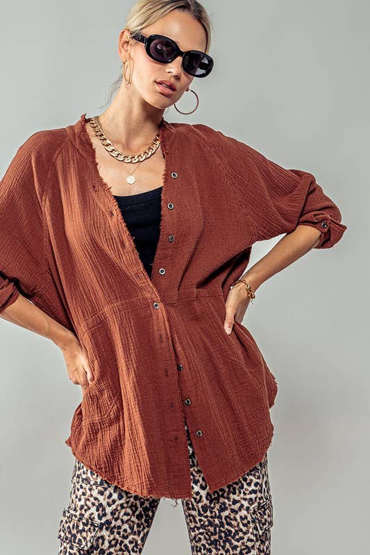 Urban Daizy PREMIUM SOFT FRAYED HEM GAUZE VINTAGE WASHED SHIRT Forest-Green Button Down Shirt - Women's (UDZ-TP-00225) –…