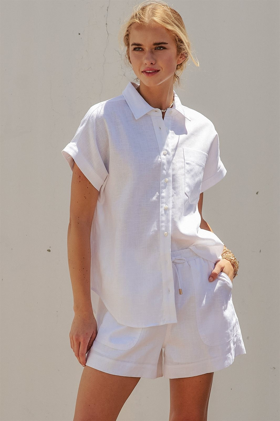 Coastal Ease Linen Short Sleeve Shirt in WHITE - Women's Tops | Urban Daizy