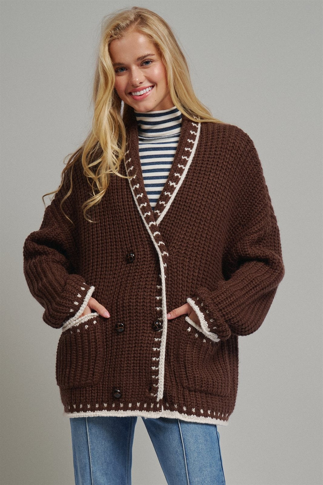 Chunky Knit Cardigan Sweater with Stitch Looks in BROWN - Women's Cardigans & Shrugs | Urban Daizy