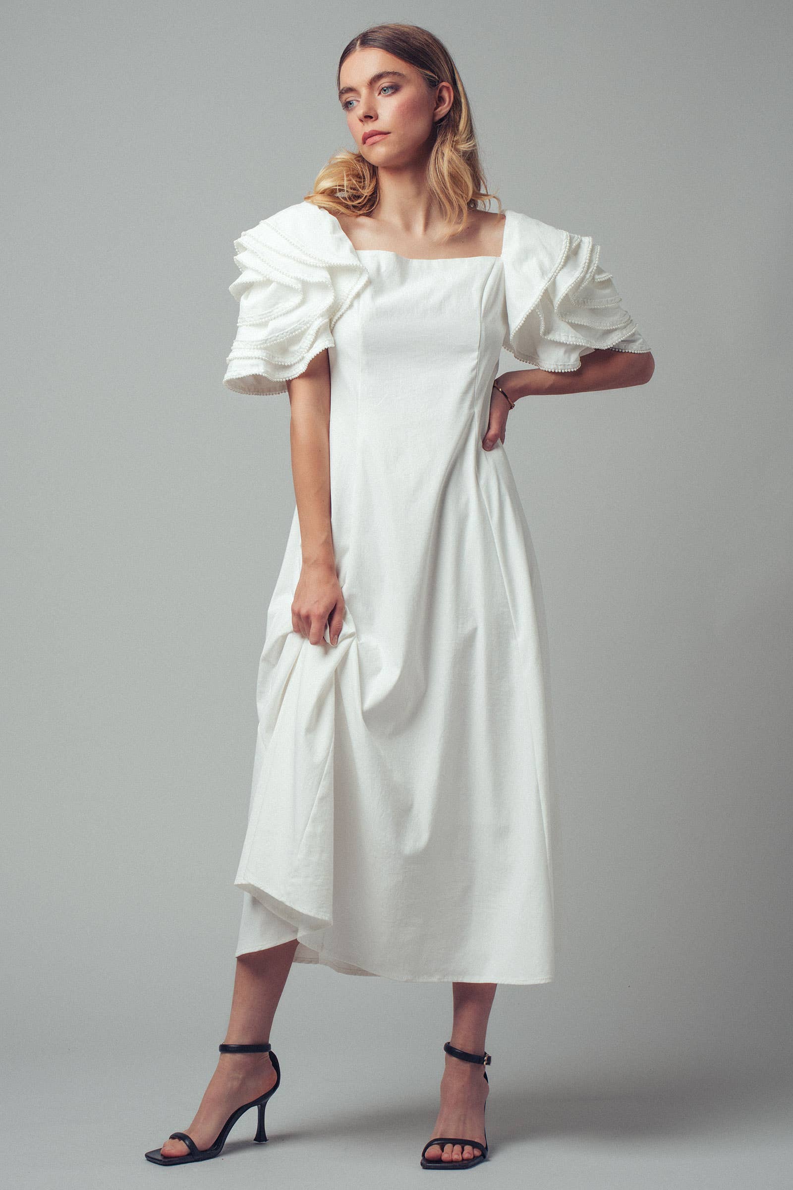 Tiered Ruffle Sleeve Smocked Midi Dress