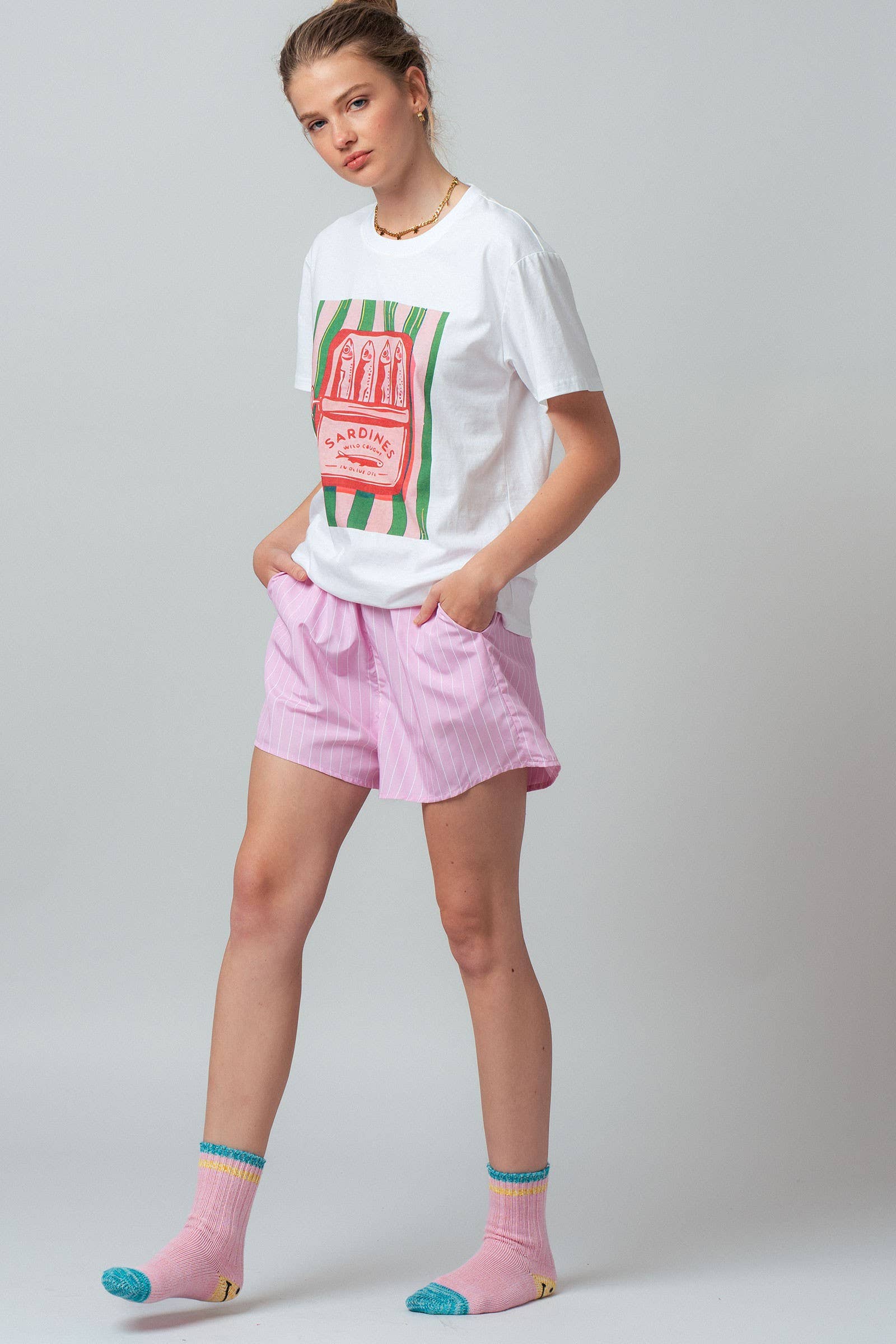 Sardine Graphic Tee and Striped Shorts Set