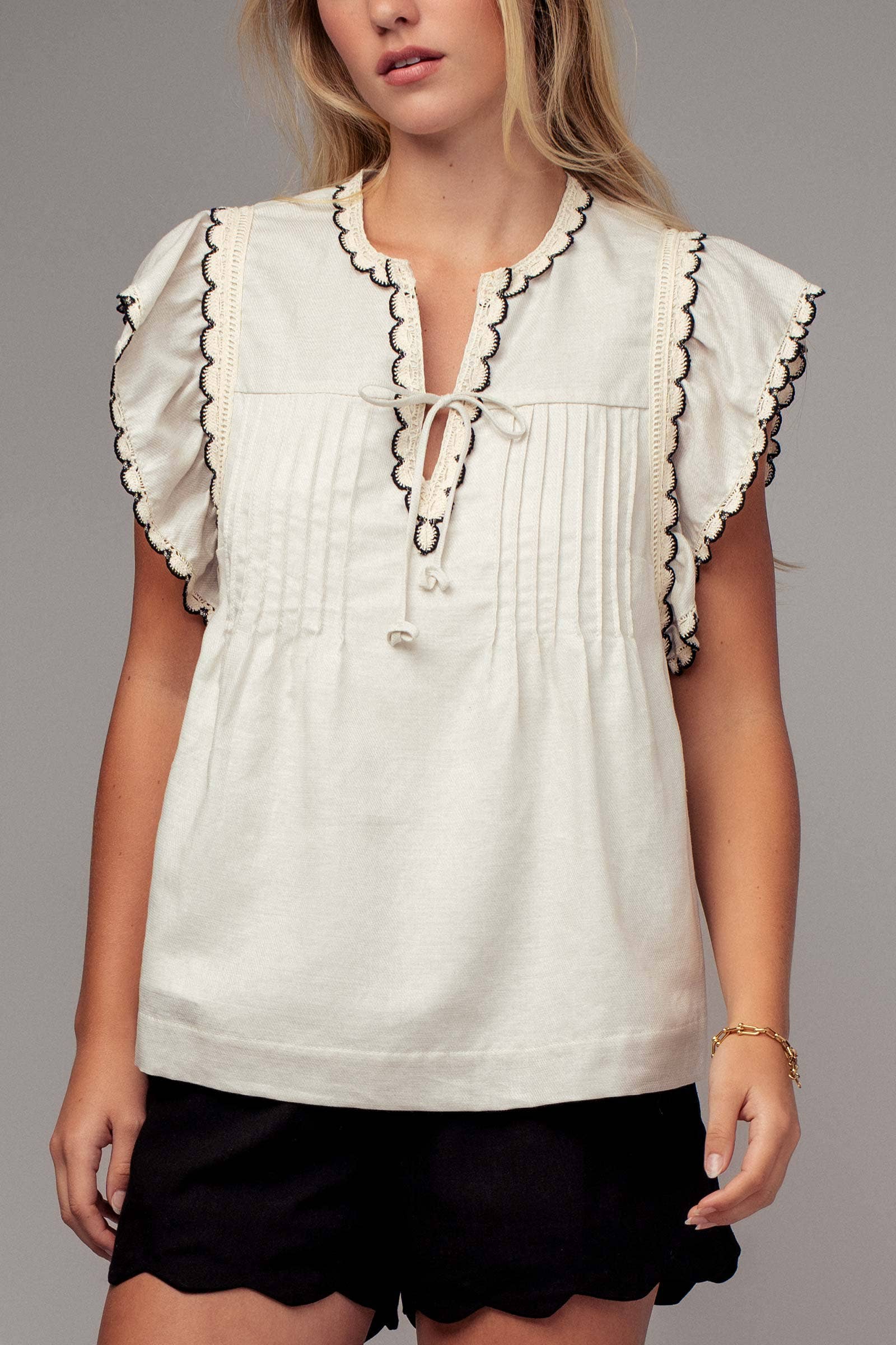 Urban Daizy Lace Trim Pintuck Flutter Sleeve Blouse Black Blouse - Women's (UDZ-TP-00810) – alternate view 8