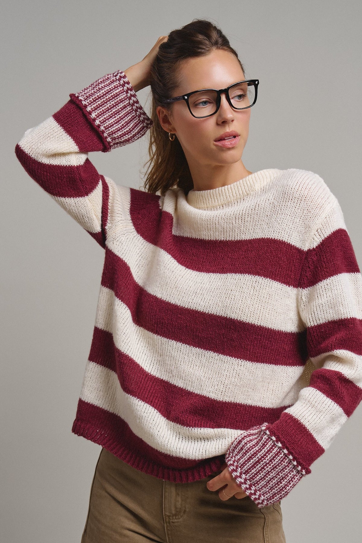 Striped Oversized Chunky Knit Sweater in BURGUNDY - Women's Sweaters | Urban Daizy