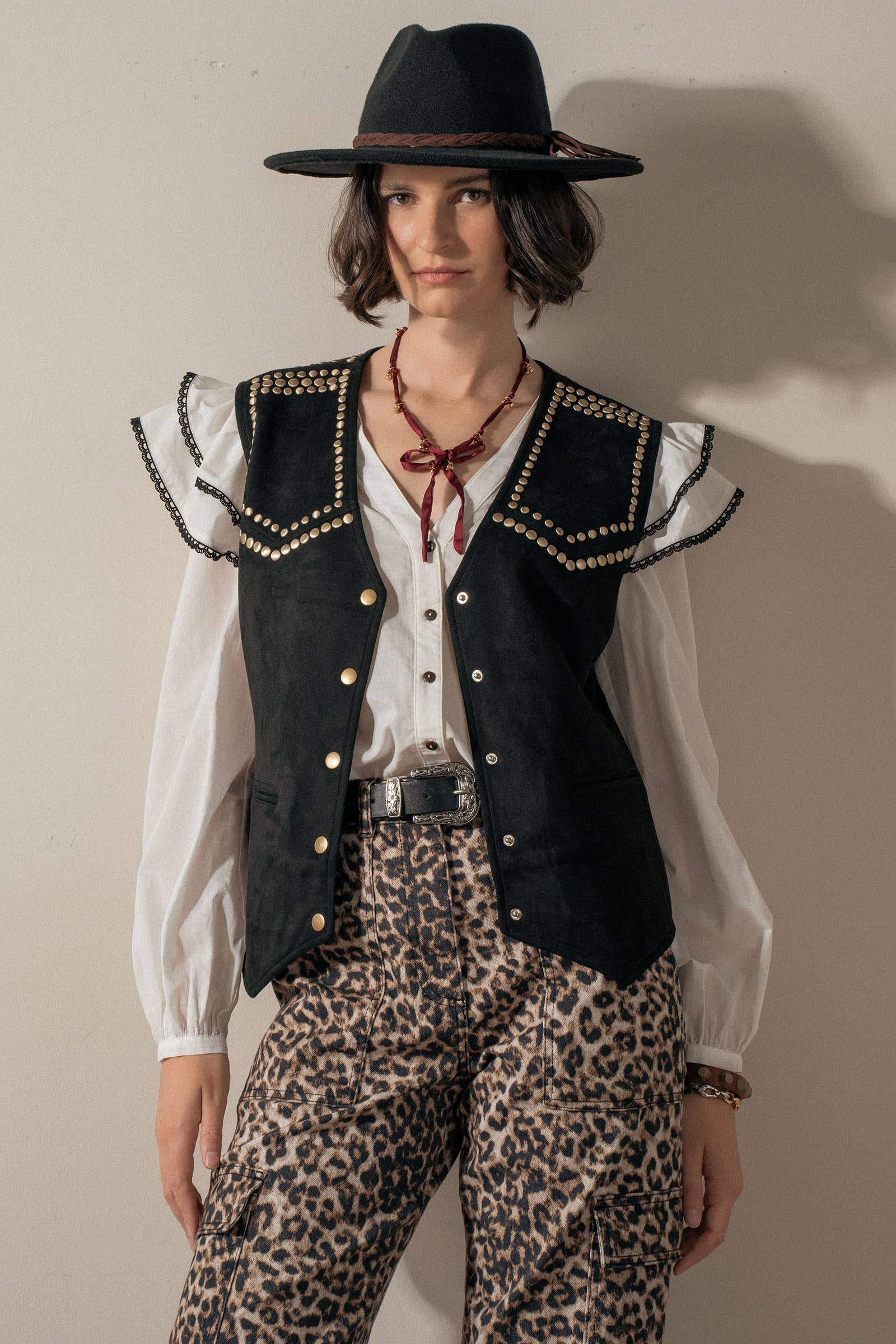 Urban Daizy Ruffled Shoulder V Neck Button Down Blouse White Black Blouse - Women's (UDZ-TP-00746) – alternate view 10