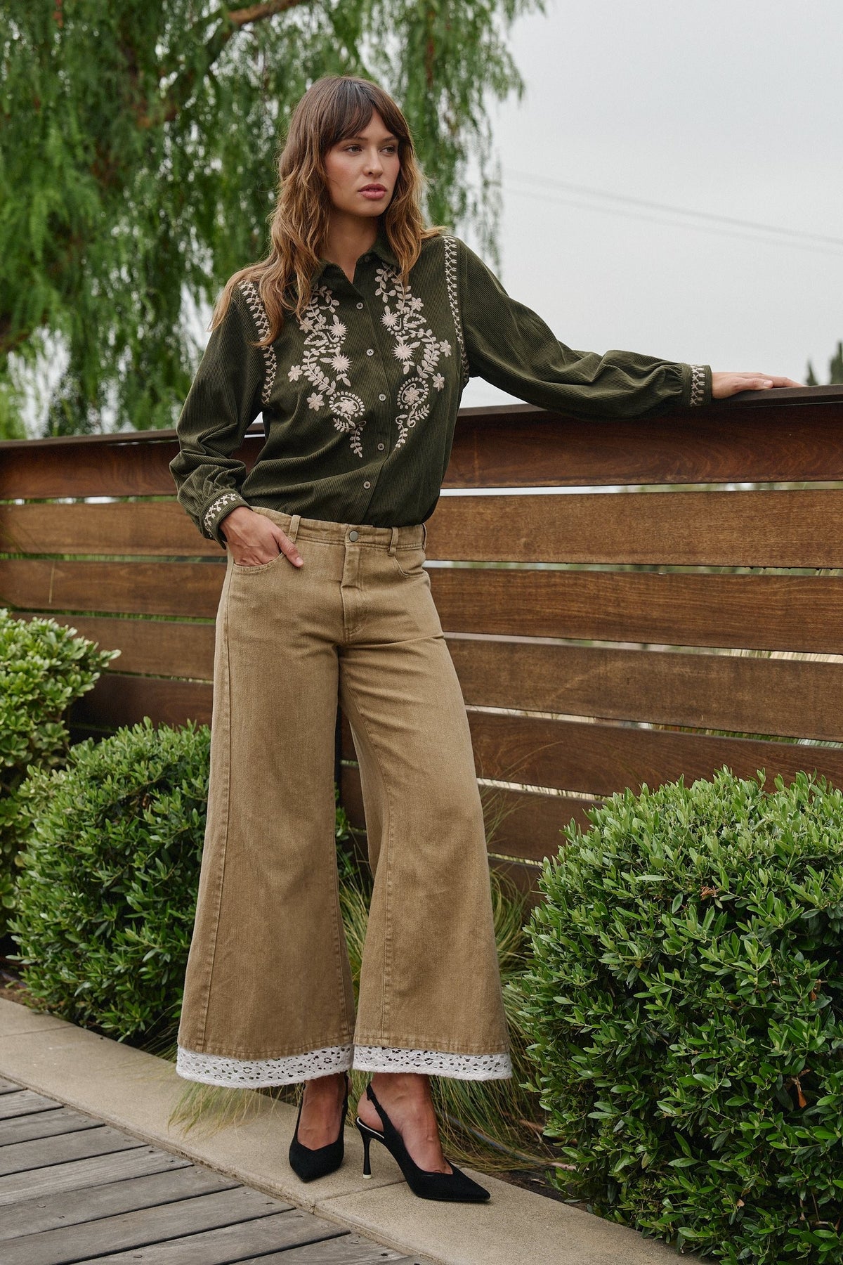 Embroidered Corduroy Western Shirt with Floral Stitch in OLIVE - Women's Shirts & Blouses | Urban Daizy