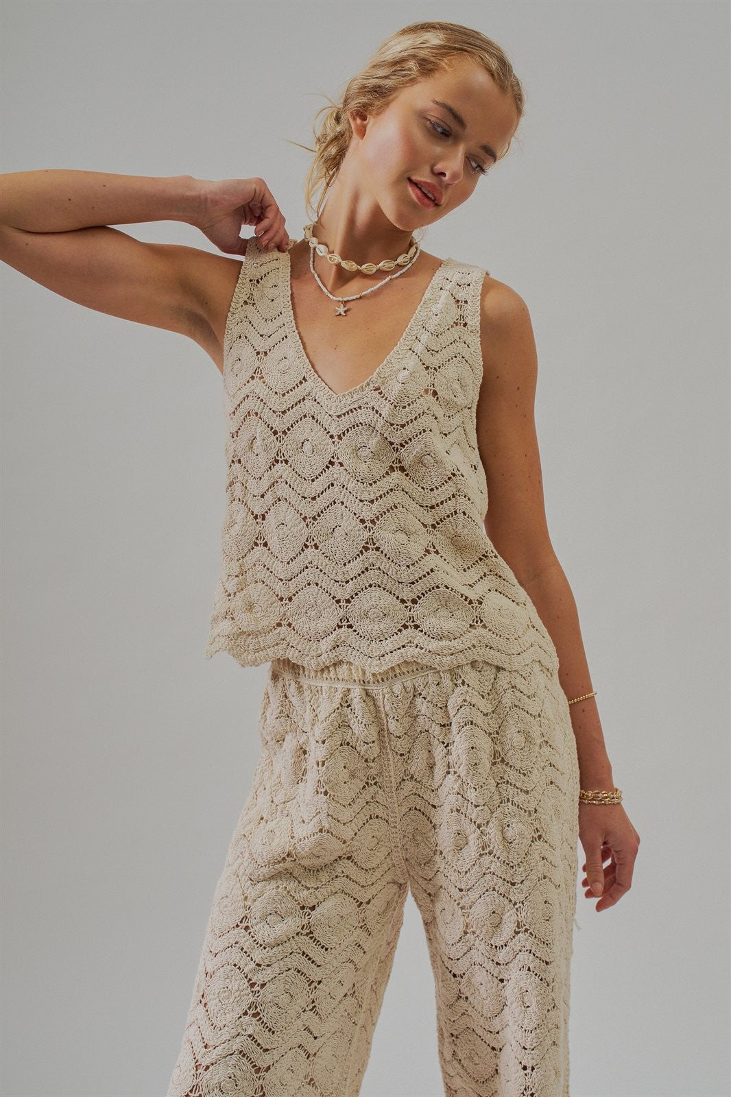 Natural Crochet Wavy V-Neck Tank