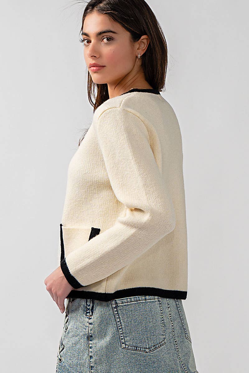 Urban Daizy Classic Contrast Trim Patch Pocket Cardigan Ivory Cardigan - Women's (UDZ-KN-00363) – alternate view 5
