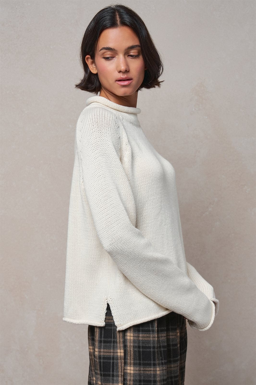 Striped Mock Neck Sweater with Rolled Neckline in IVORY - Women's Sweaters | Urban Daizy