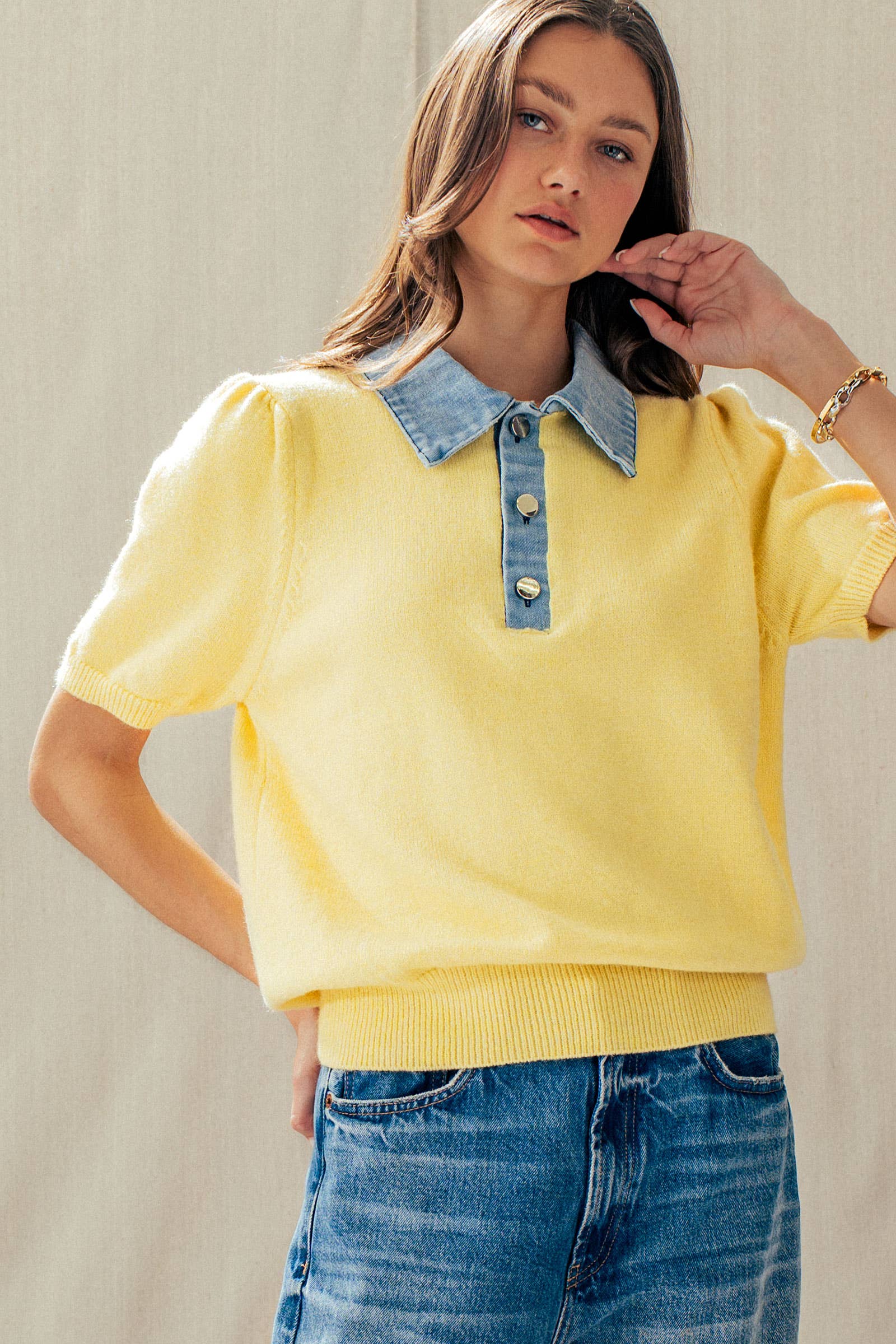 Contrast Denim Collar Knit Sweater Top