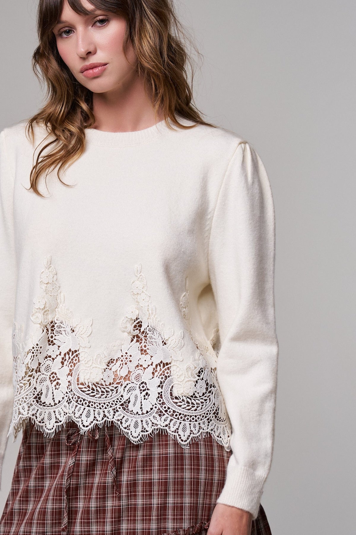 Lace Trim Knit Sweater with Floral Hem Detail in IVORY - Women's Sweaters | Urban Daizy
