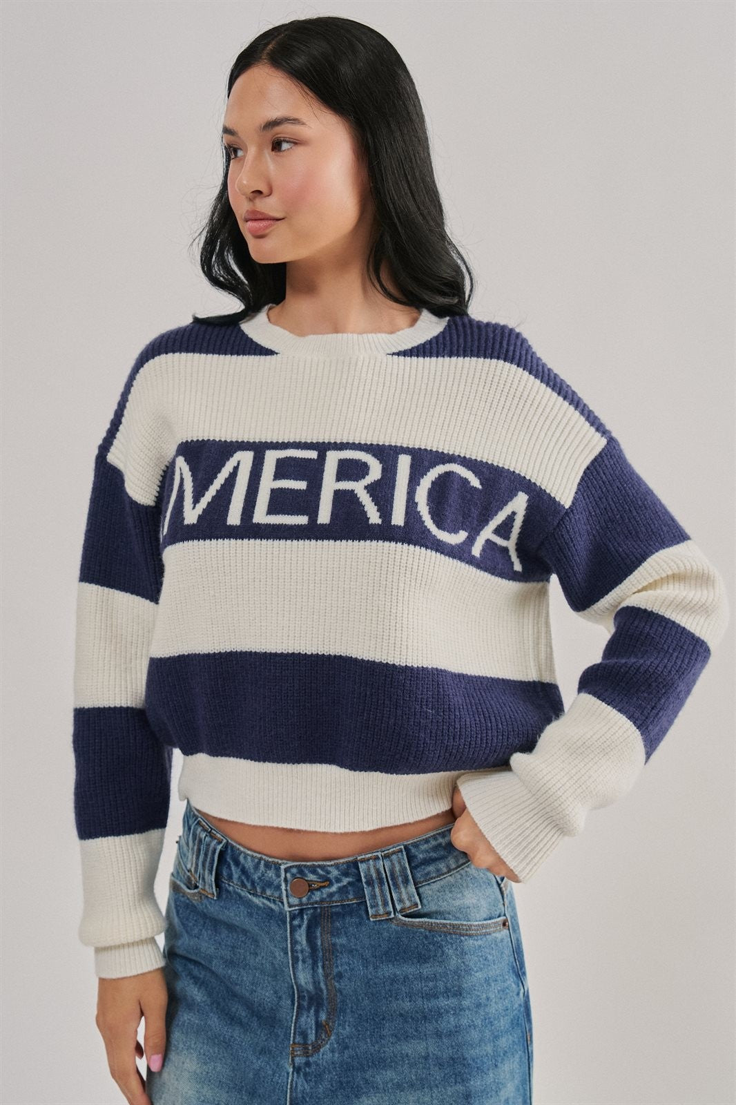 Nantucket America Stripe Crewneck Sweater in IVORY NAVY - Women's Sweaters | Urban Daizy