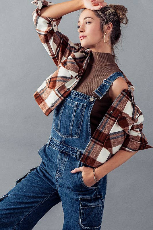 Urban Daizy BELLA SNAP BUTTON PLAID CROP JACKET Camel Jacket - Women's (UDZ-OT-00264) – alternate view 14