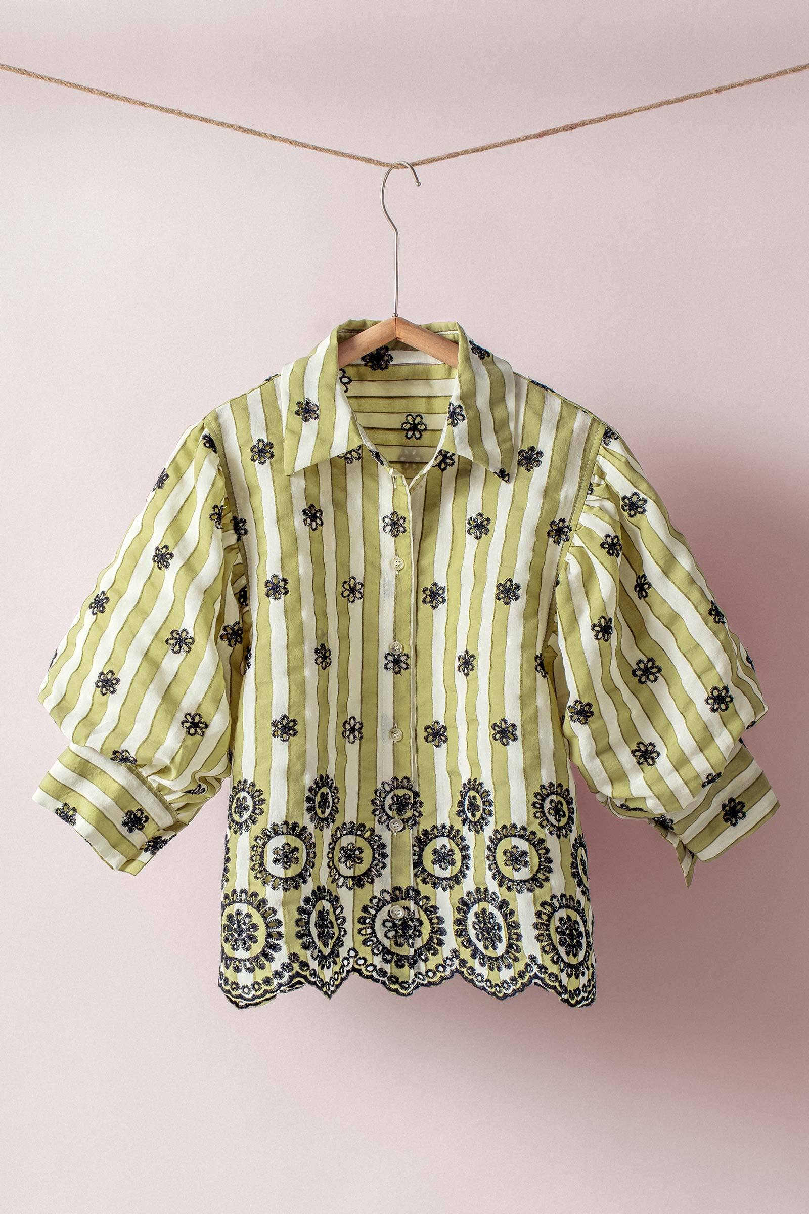 Urban Daizy Striped Floral Embroidered Scallop Blouse Olive Button Down Shirt - Women's (UDZ-TP-00953)