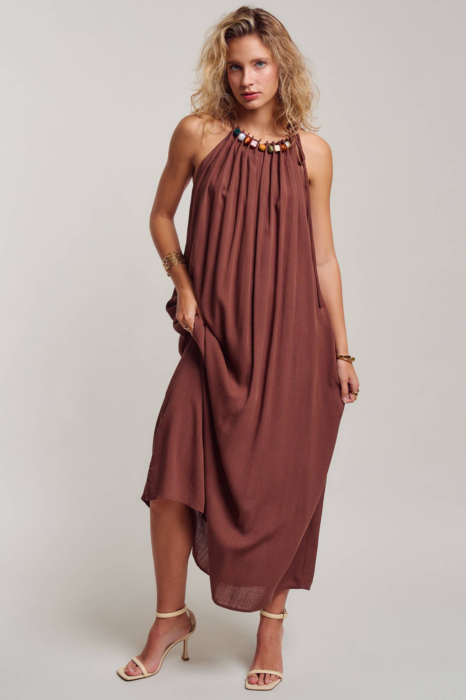 Beaded Halter Neck Linen Blend Maxi Dress