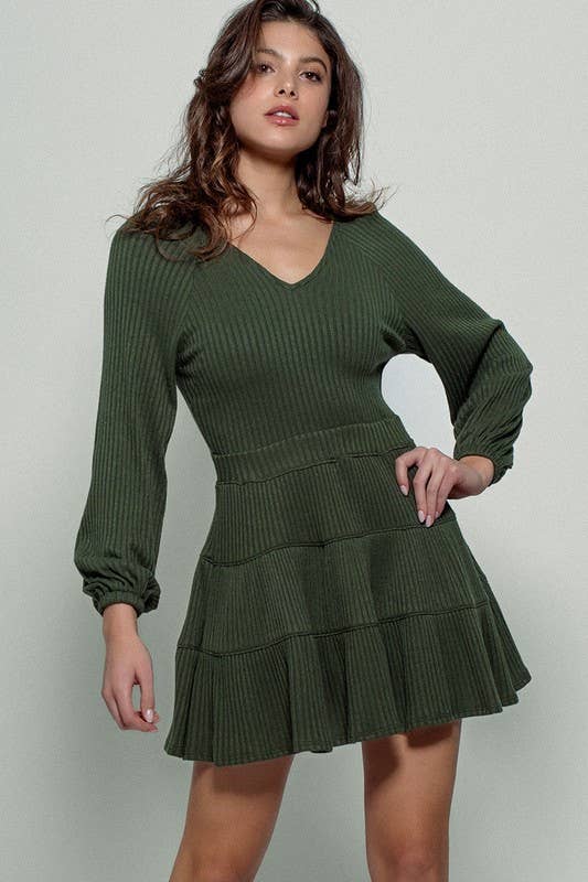 Cashmere Ribbed V-Neck Tiered Mini Dress