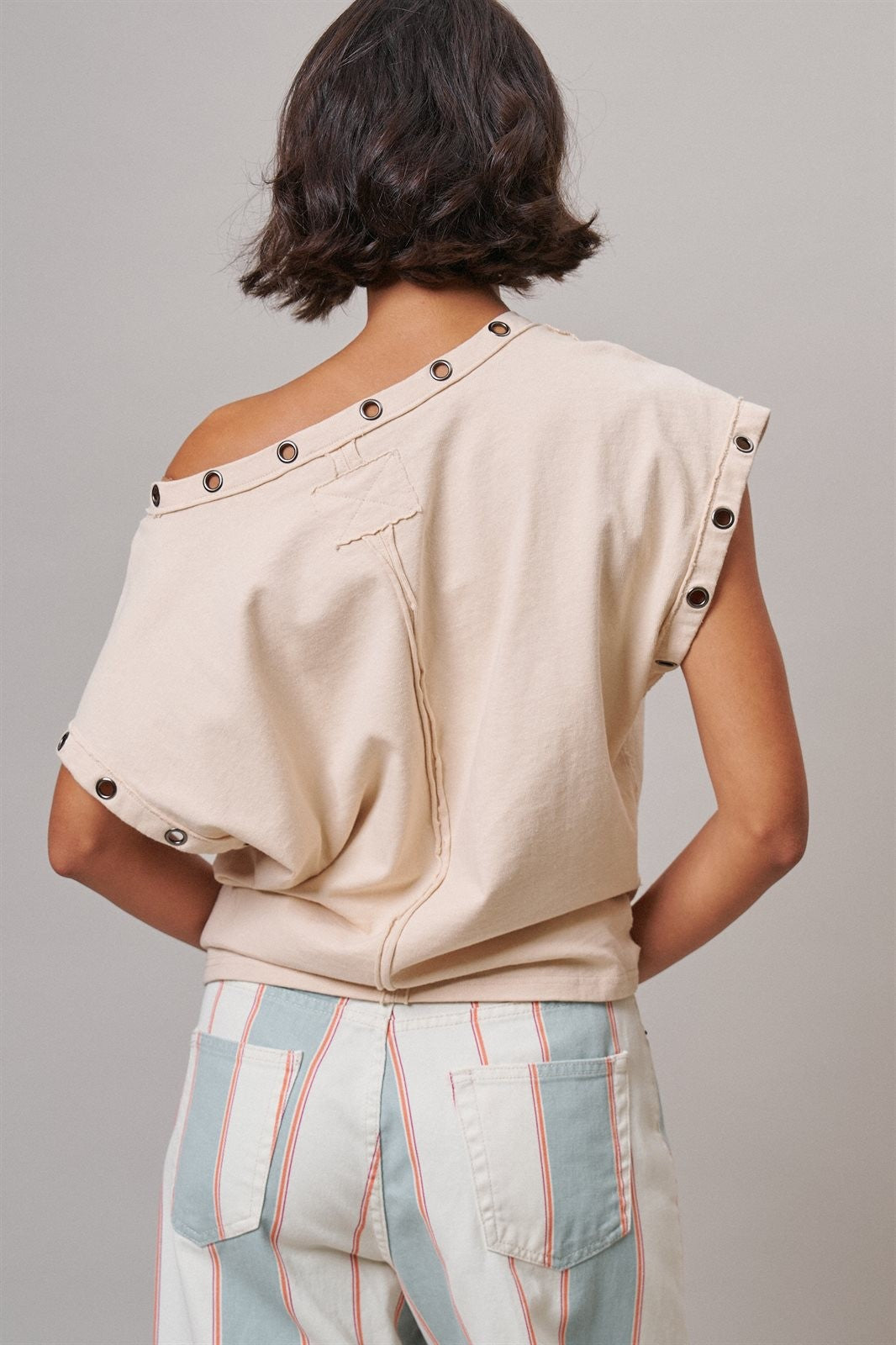 Grommet Trim Washed Cotton Boat Neck Top in CHALK - Women's T-Shirts & Polos | Urban Daizy