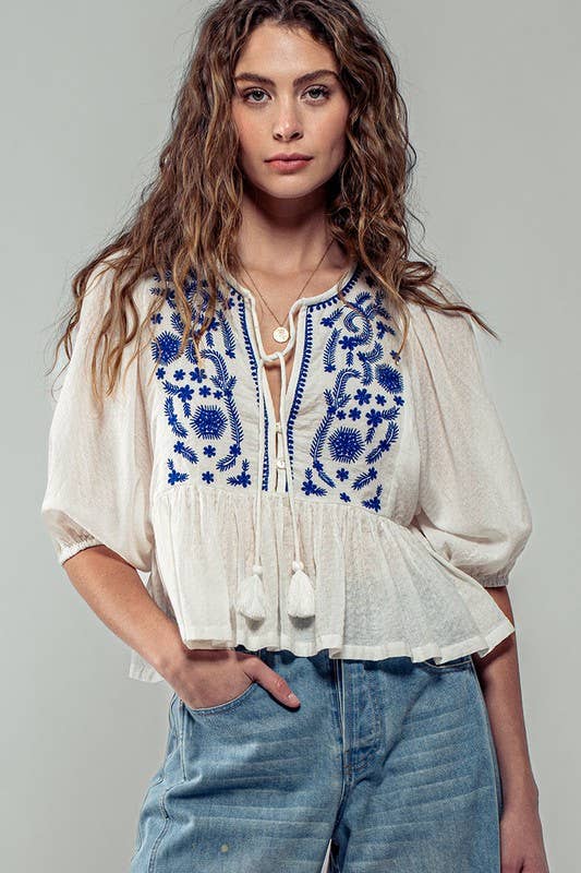 Urban Daizy Boho Embroidered Puff Sleeve Ruffle Blouse White Blouse - Women's (UDZ-TP-00705) – alternate view 3